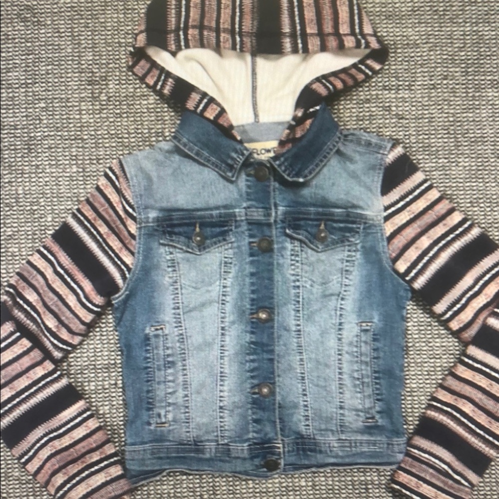 Denim Hooded Jacket with Pink & Black Striped Sleeves - Kids